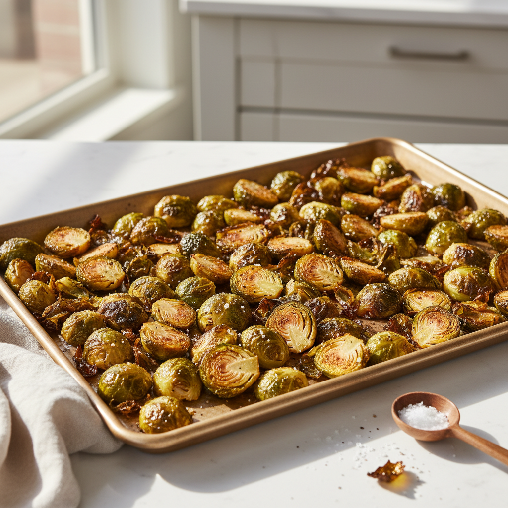 Crispy roasted Brussels sprouts on a sheet pan with browned edges