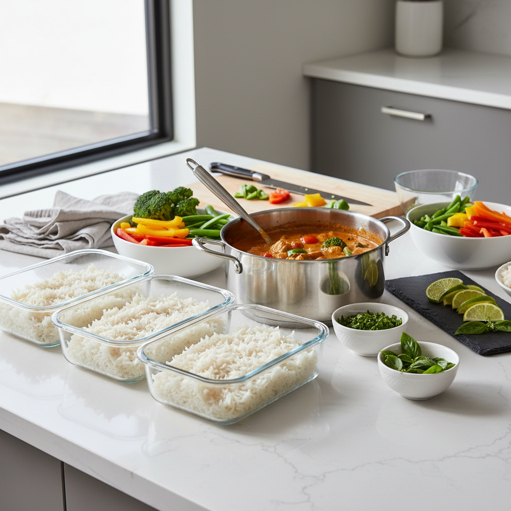 Weeknight Thai food meal prep with curry, rice, and chopped herbs