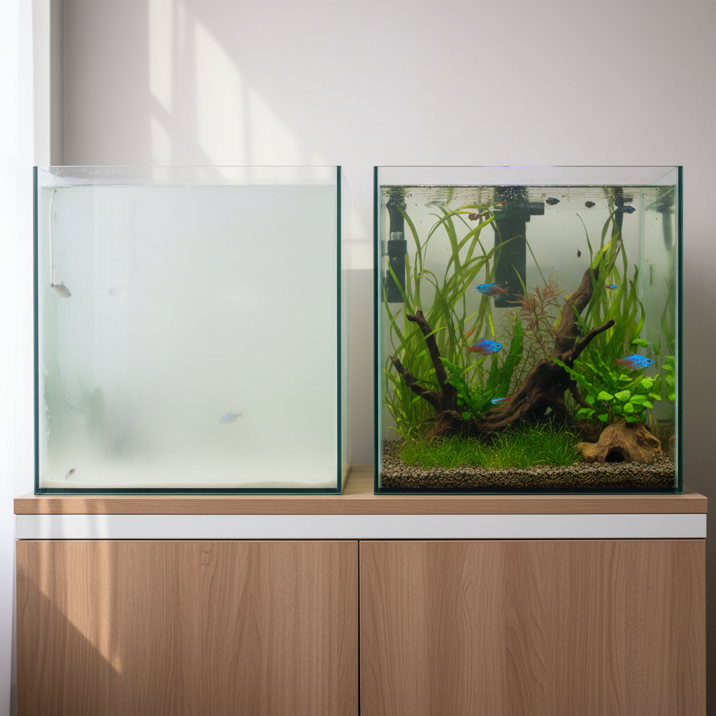 Cloudy aquarium water next to a clear tank for comparison