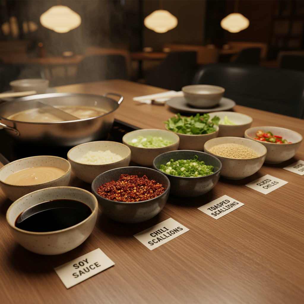 Hot pot dipping sauce bar with labeled bowls of sesame, soy, chili crisp, garlic, and scallions