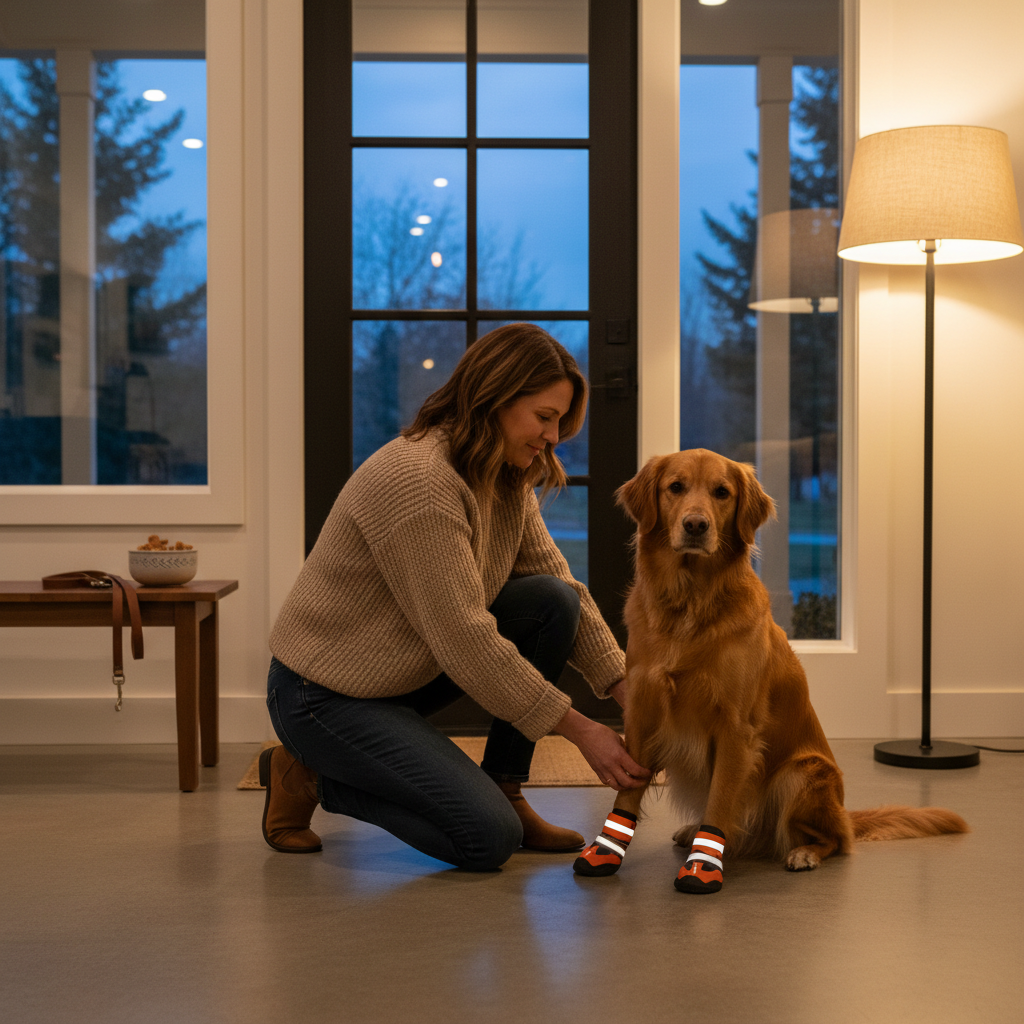 Owner gently fitting reflective dog booties before an evening walk