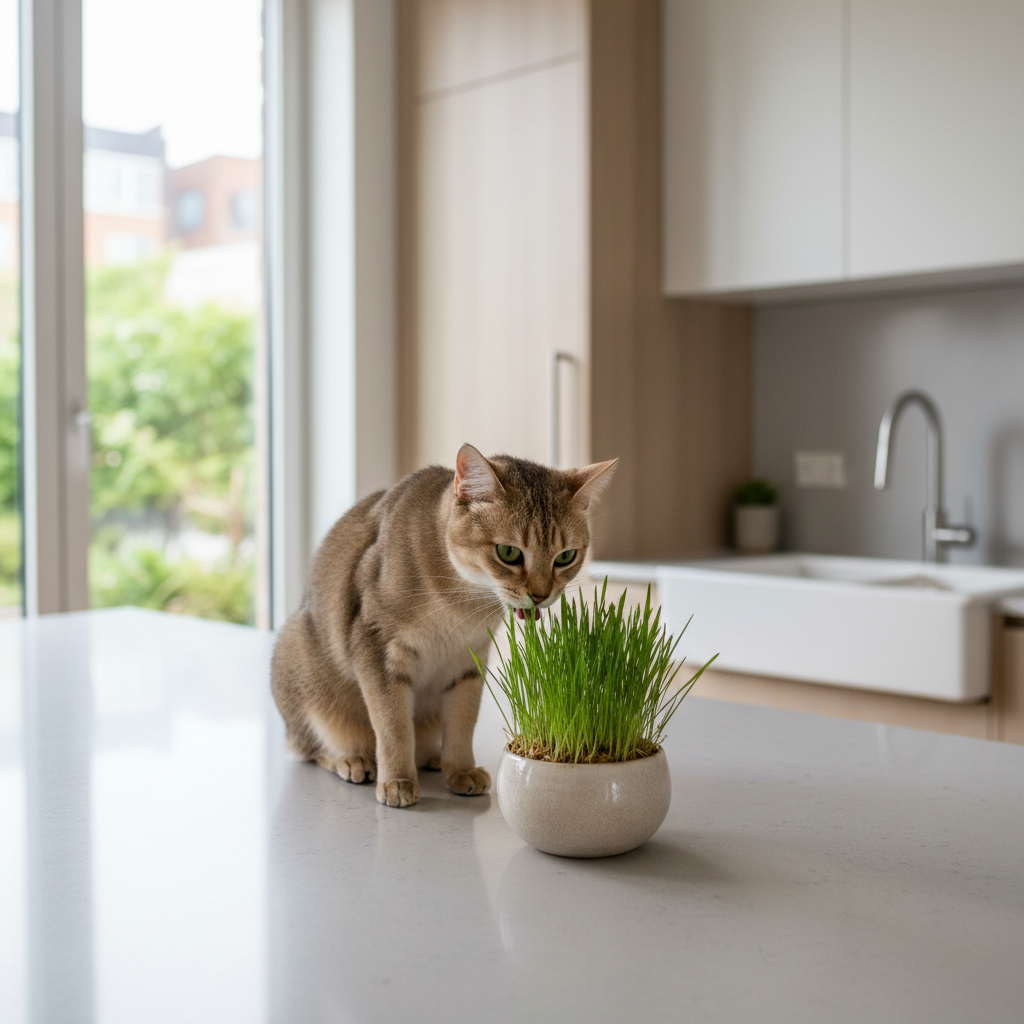 Indoor cat nibbling cat grass in a bright living room