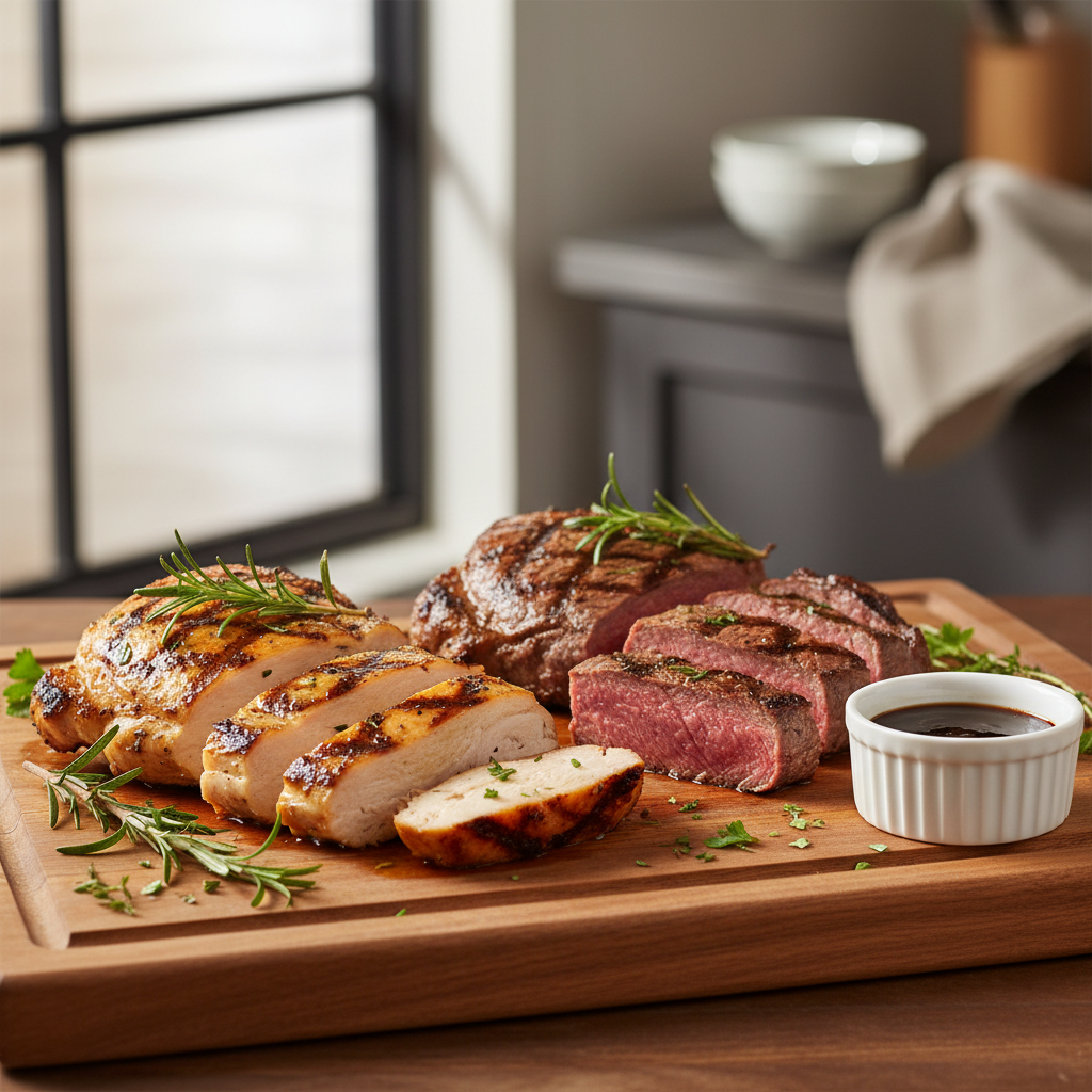Grilled marinated chicken and steak on a cutting board with char marks and fresh herbs