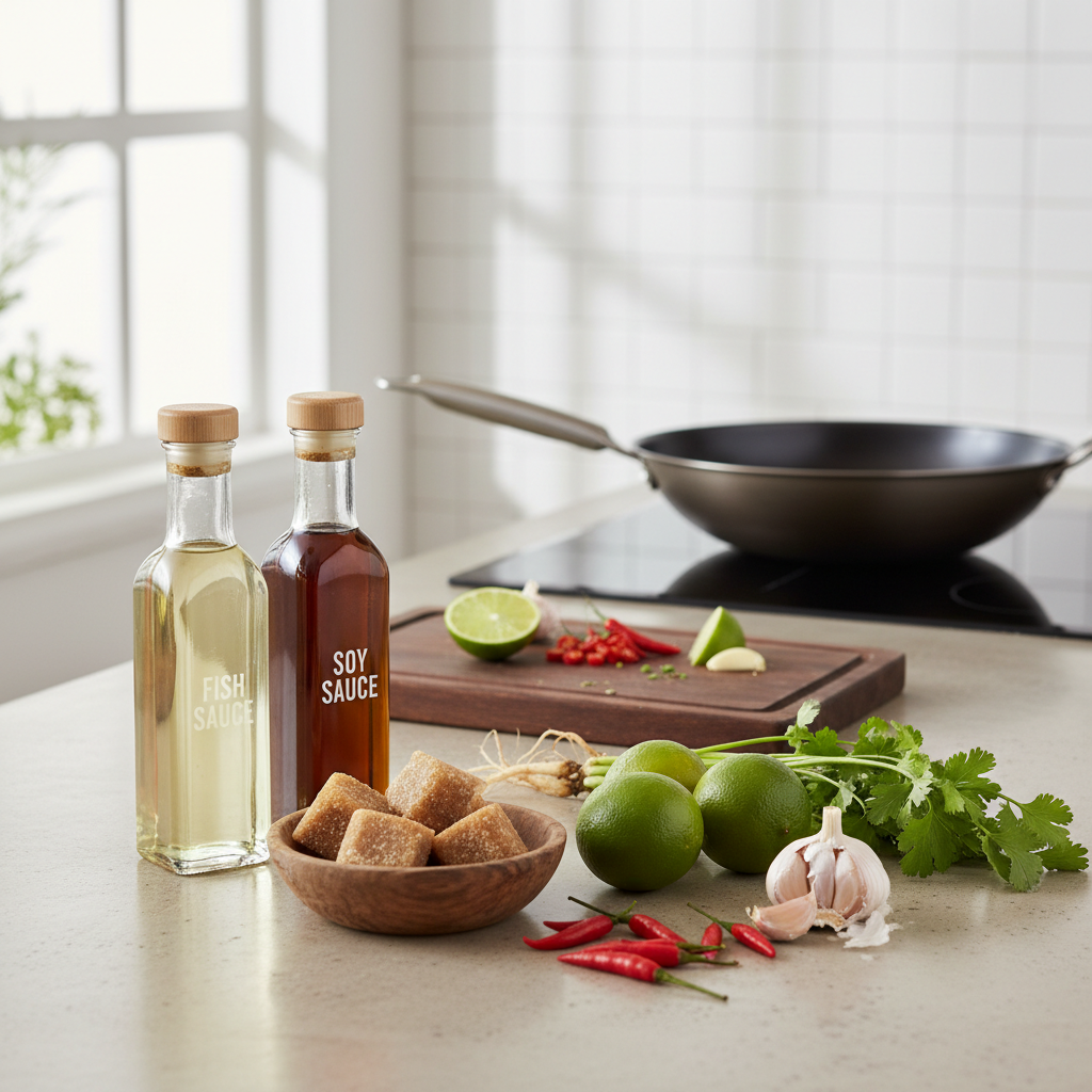 Simple Thai food cooking setup with key ingredients on a kitchen counter