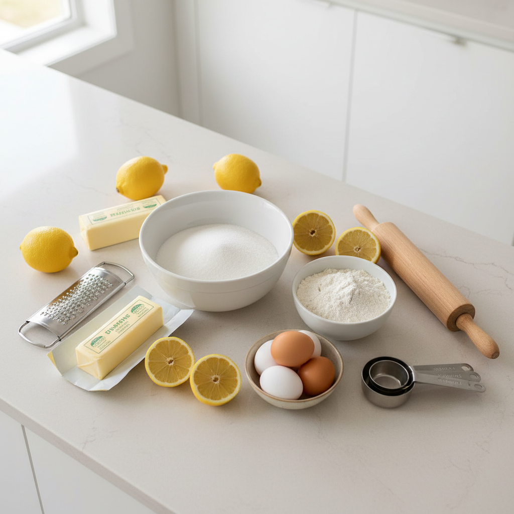 Lemon bar ingredients arranged on a counter: lemons, eggs, butter, sugar, flour