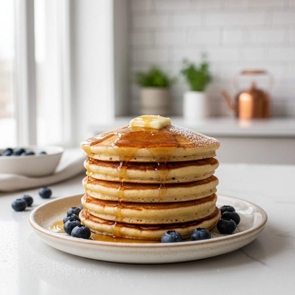 Stack of fluffy pancakes made from scratch with butter and maple syrup