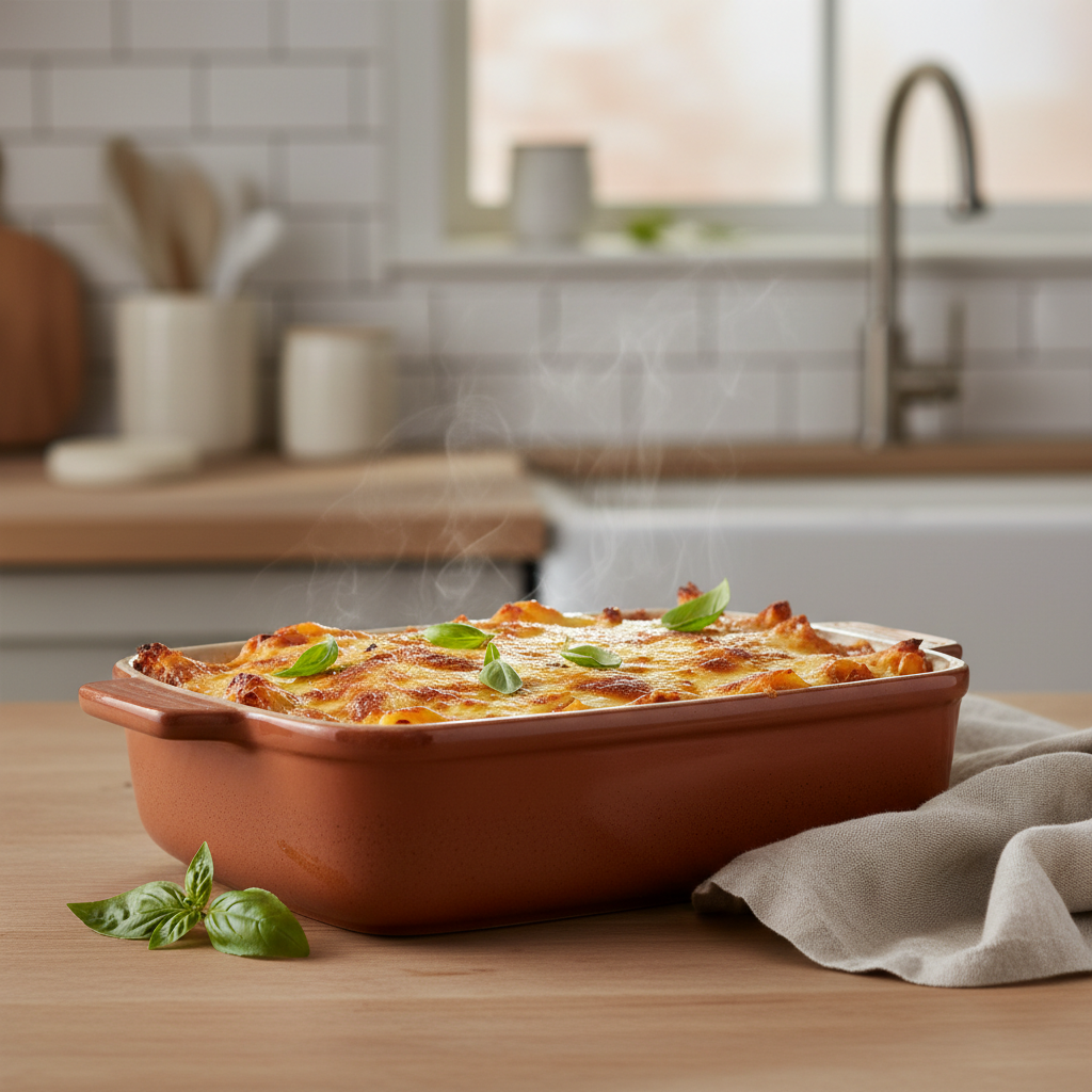 Creamy baked pasta with bubbling cheese topping fresh from the oven