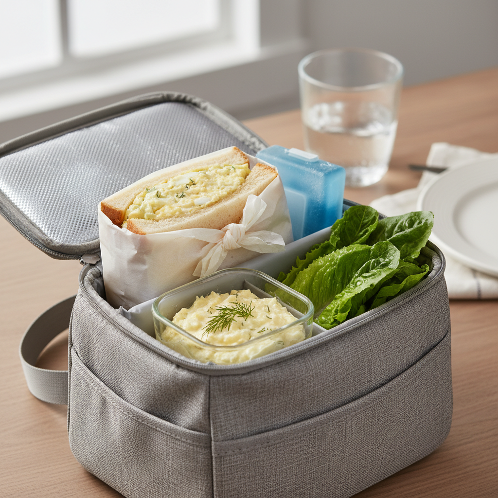 Packed egg salad sandwich lunch with ice pack in an insulated lunch bag