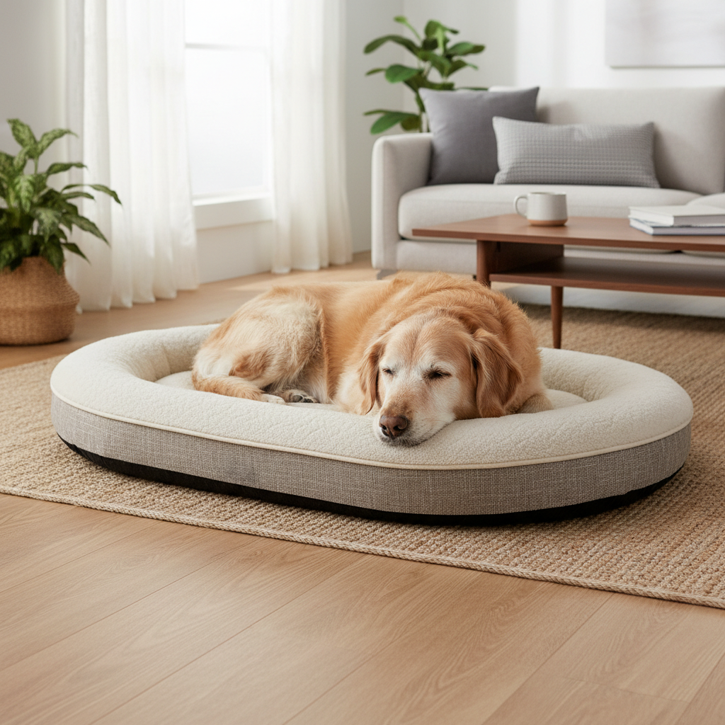 Senior dog resting on a warm orthopedic dog bed in a cozy living room