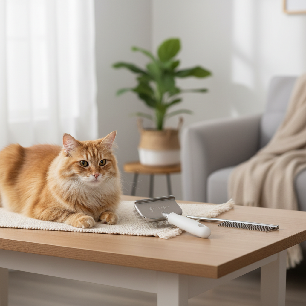 Home grooming routine for long-haired cat using slicker brush and comb