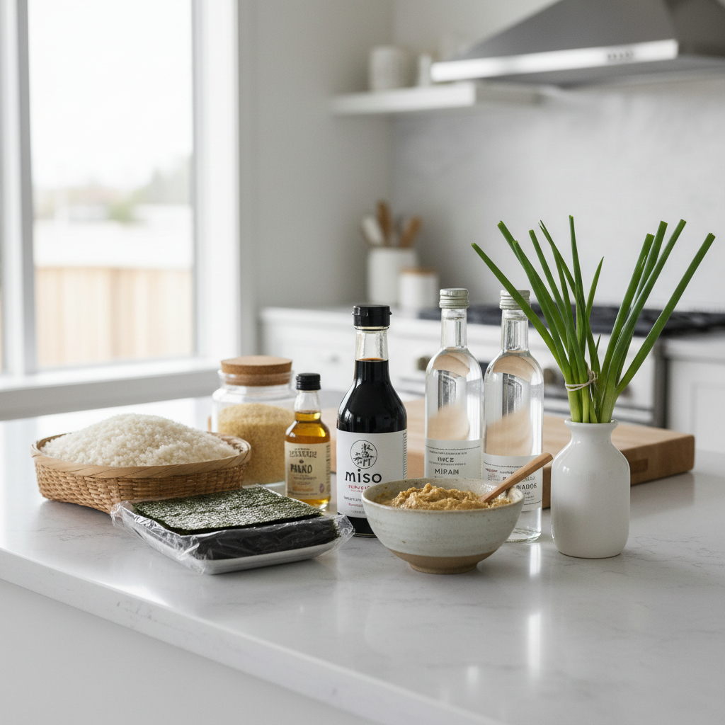 Beginner-friendly Japanese pantry ingredients on a kitchen counter
