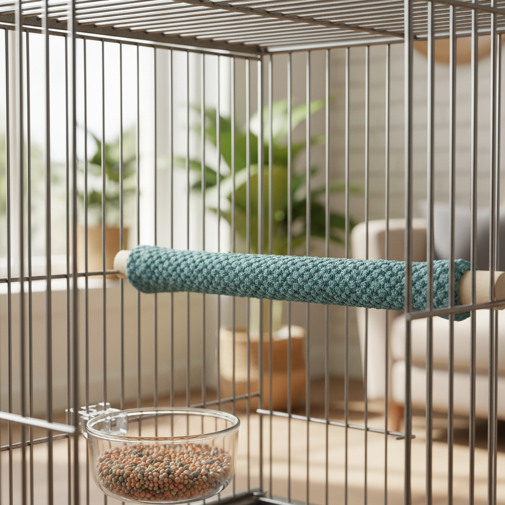 Soft bird perch cover installed on a cage perch for better grip