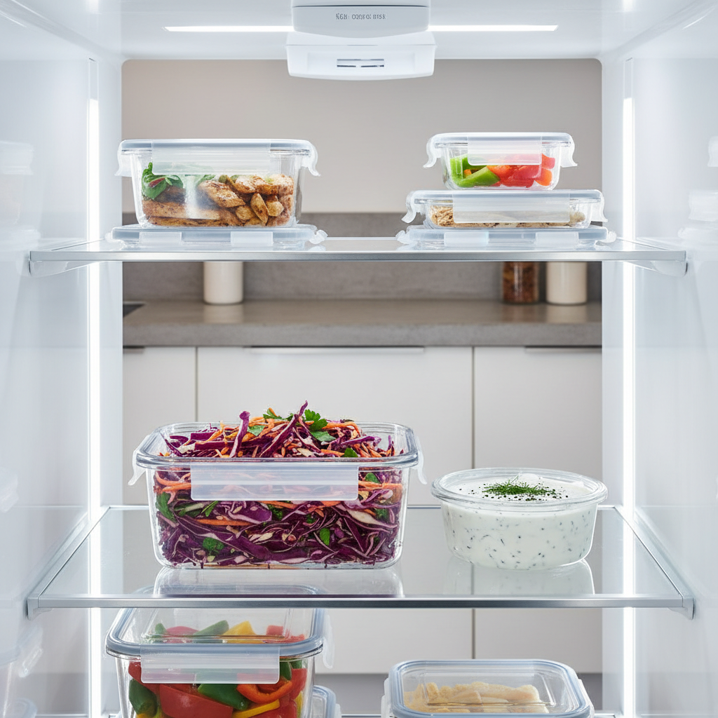 Coleslaw meal prep containers in refrigerator with dressing on the side