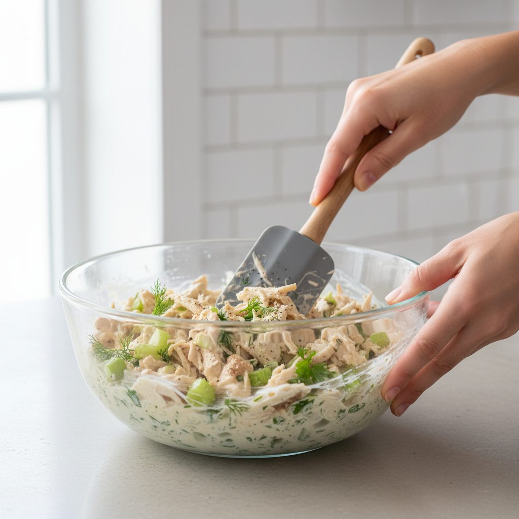 Mixing chicken salad in a glass bowl with celery and dressing
