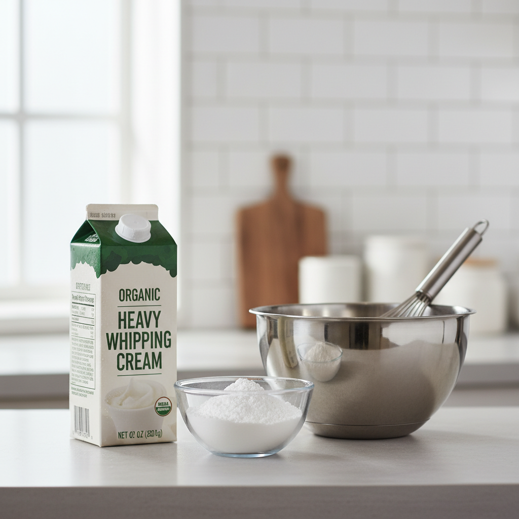 Cold heavy whipping cream and powdered sugar on a kitchen counter for homemade whipped cream