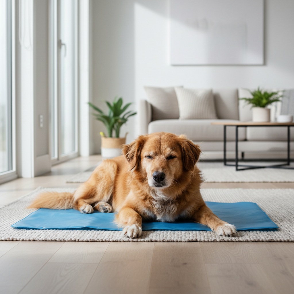 Dog resting on a cooling mat indoors during summer hot weather