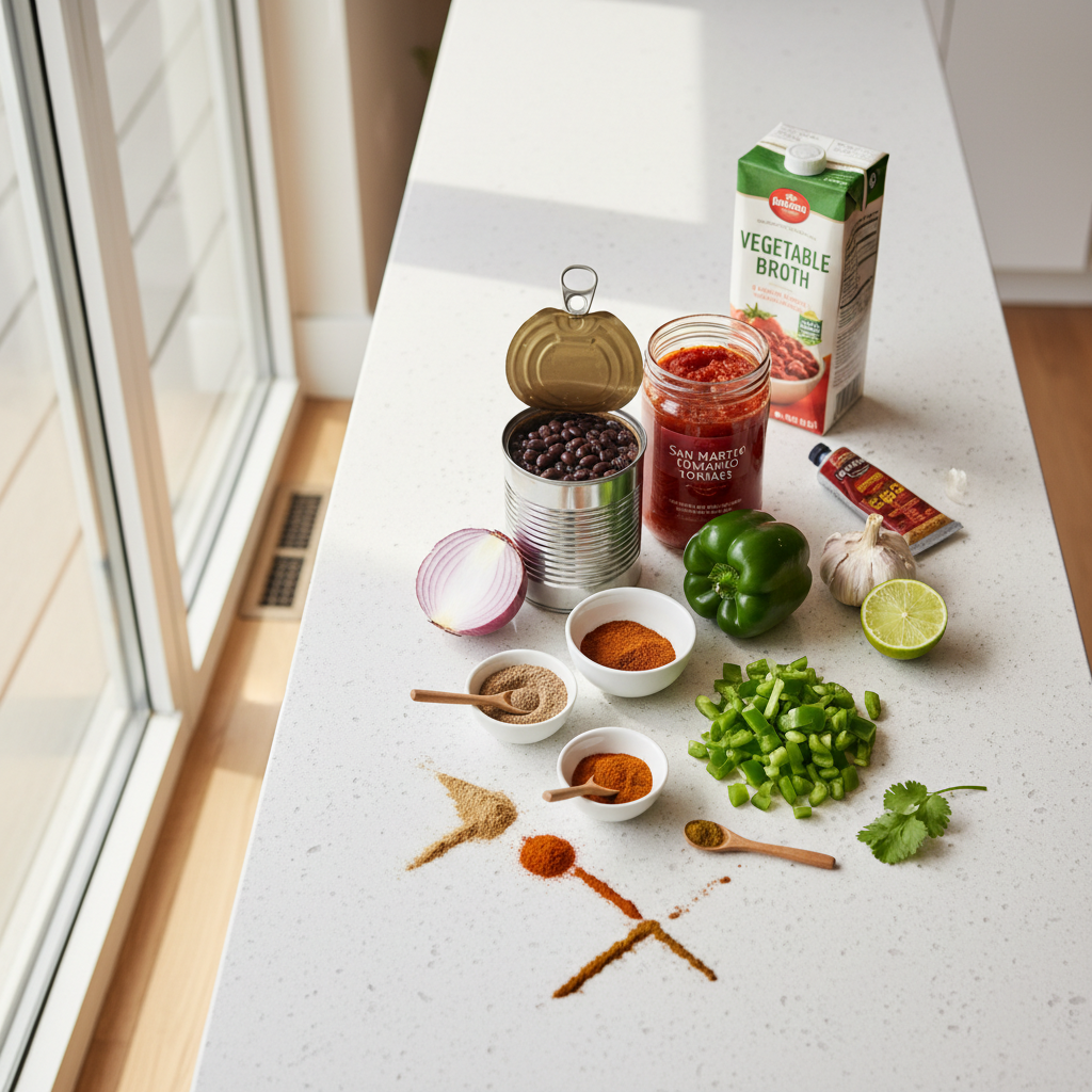 Vegetarian chili ingredients on a kitchen counter