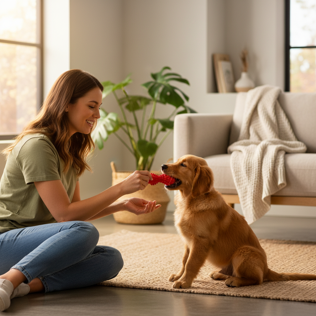 Owner offering a puppy a teething toy to redirect biting hands