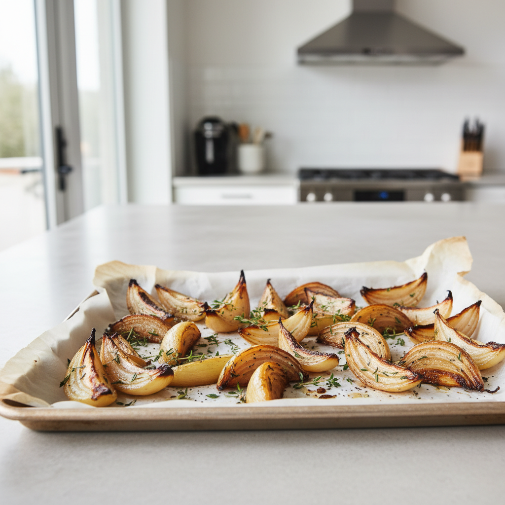 Roasted onion wedges on a sheet pan for savory cooking