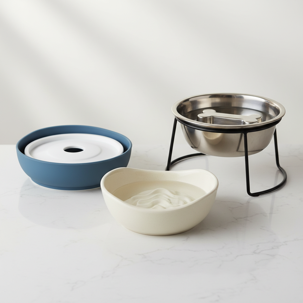 Comparison of slow-drink dog water bowl designs for senior dogs