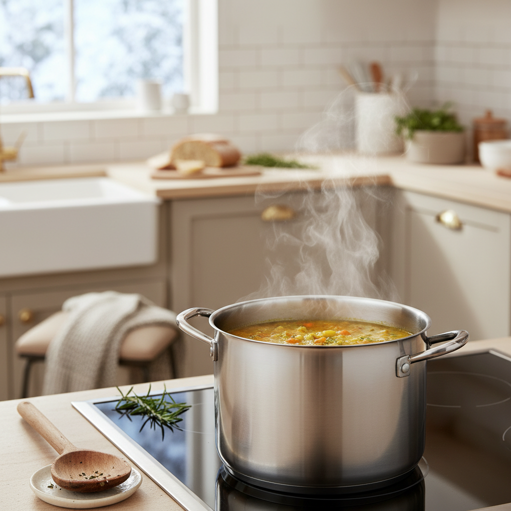 Cozy pot of soup simmering on a stovetop in a warm kitchen
