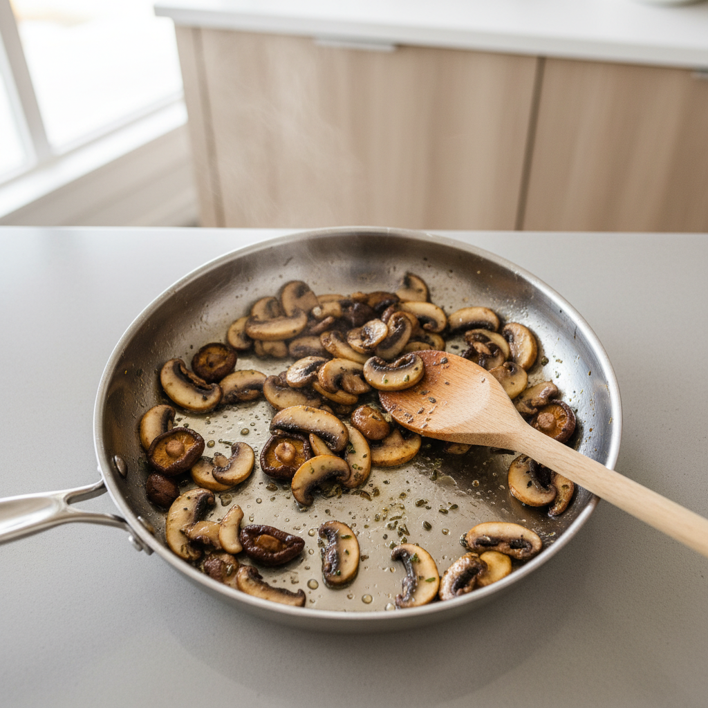 Mushrooms browning in a skillet for creamy mushroom soup