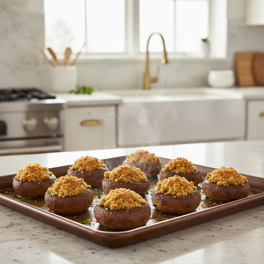 Baked stuffed mushrooms on a sheet pan with golden filling