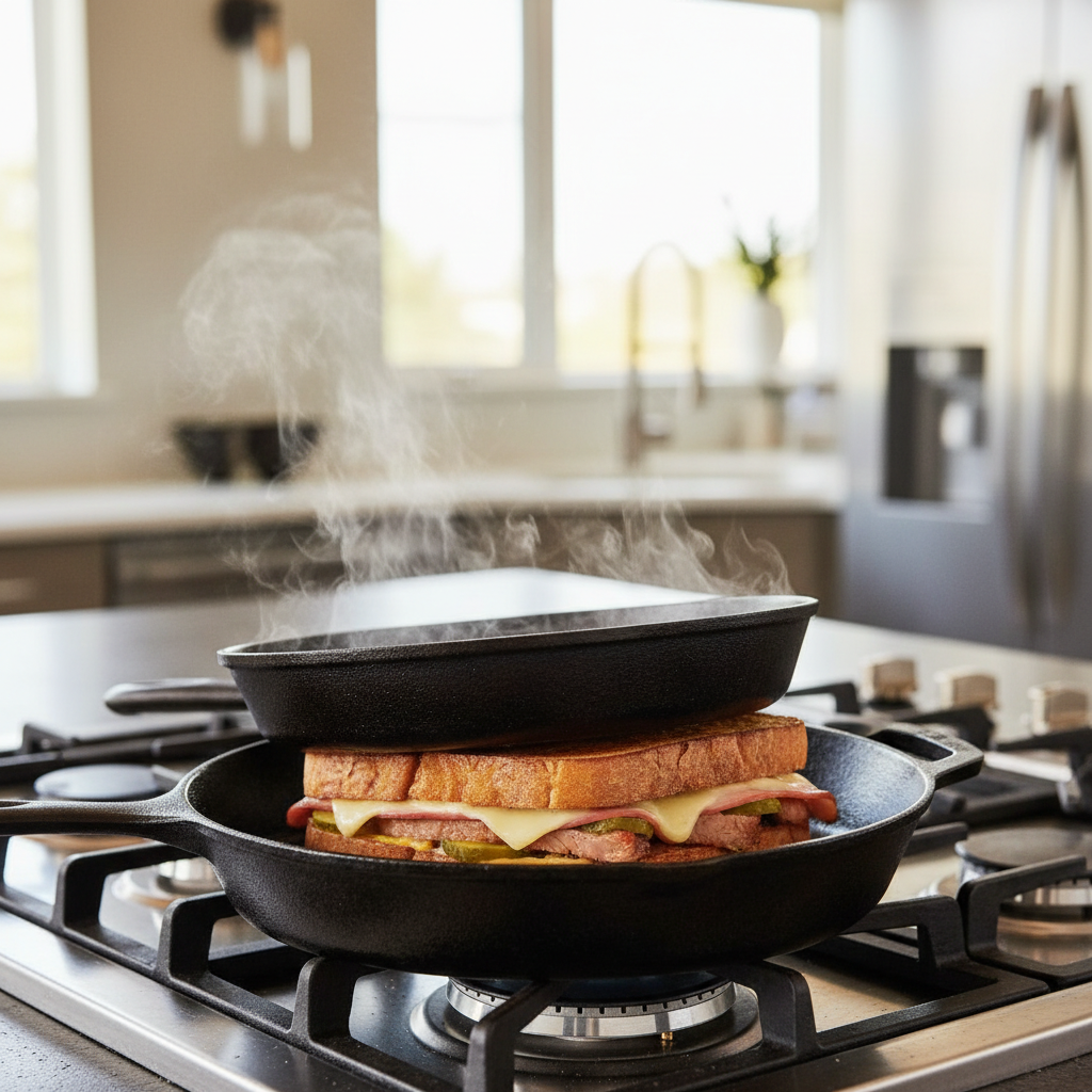 Skillet pressing method for Cuban sandwich with weight on top