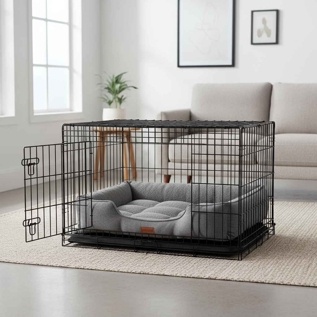 Soft dog crate bed with washable cover inside a wire crate