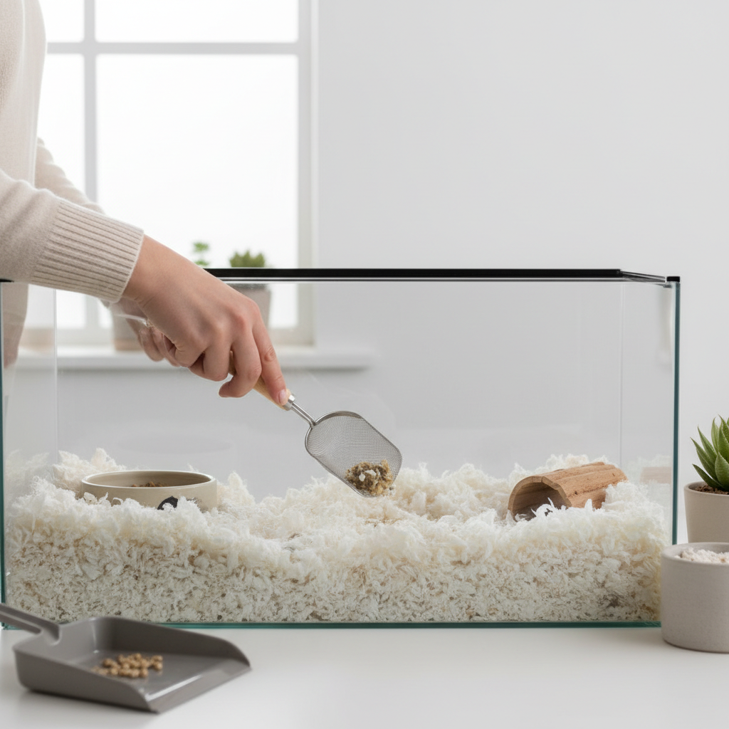 Spot cleaning wet clumps from paper hamster bedding with scoop