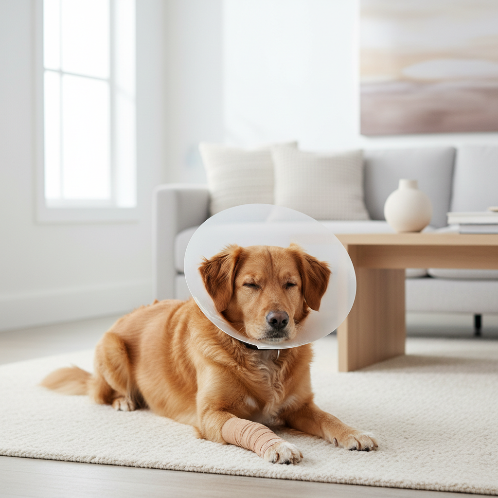 Dog wearing an e-collar with a protected paw bandage at home for wound care safety