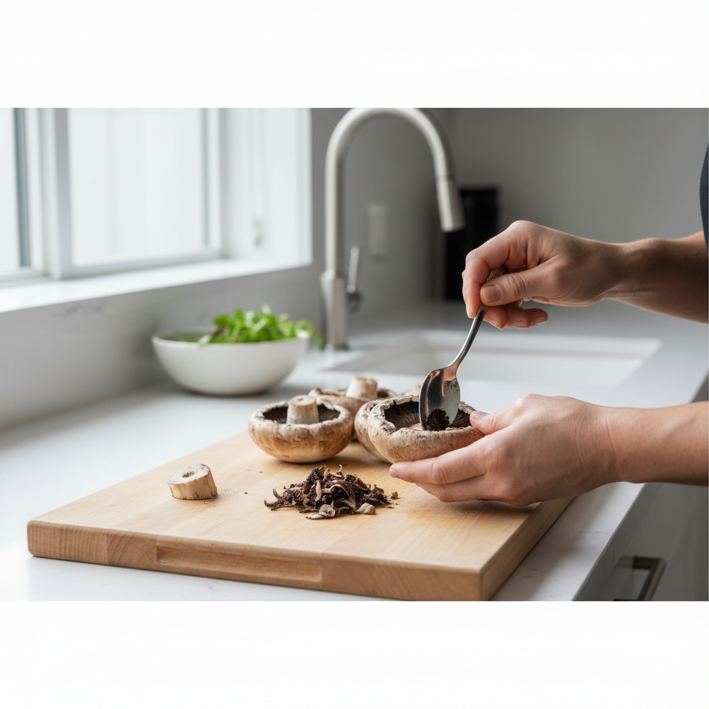 How to clean and prep portobello mushroom caps, removing stems and scraping gills
