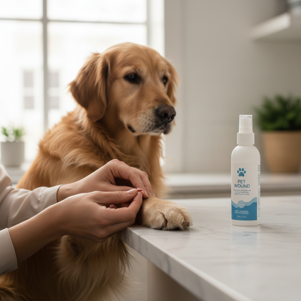 Pet owner inspecting a dog paw scratch before using a wound care spray