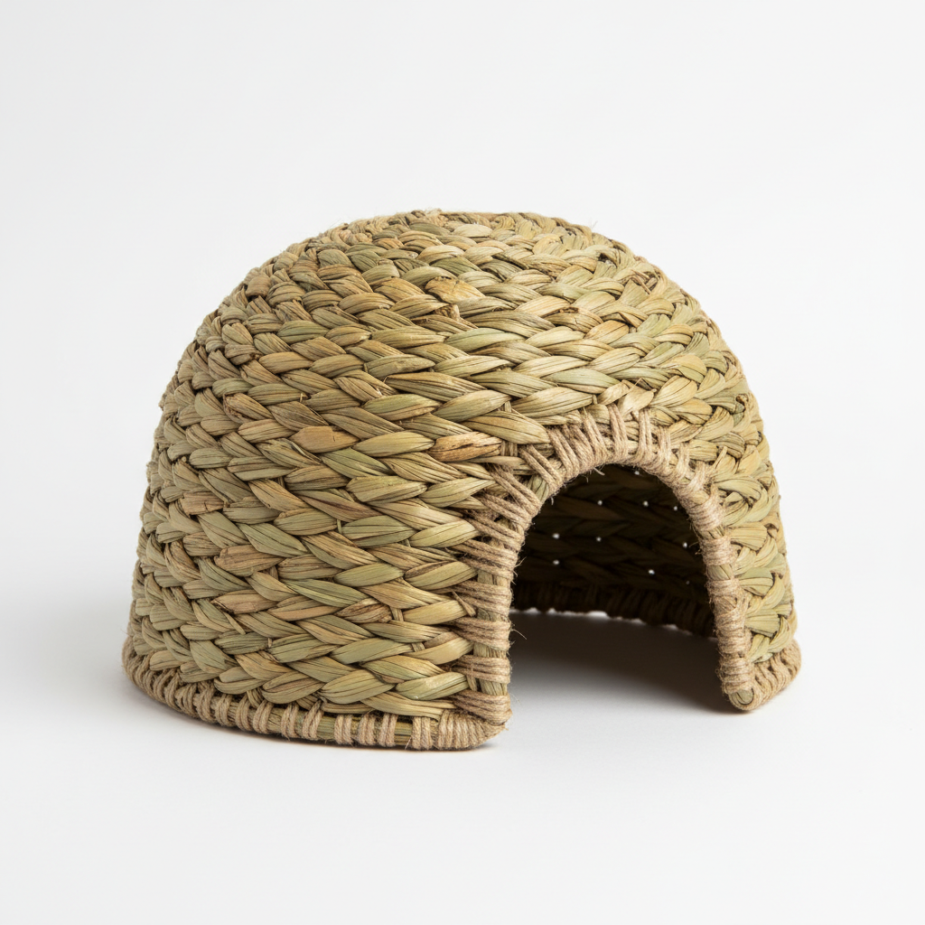 Close-up of woven grass hide house showing safe stitching and no exposed wire or staples