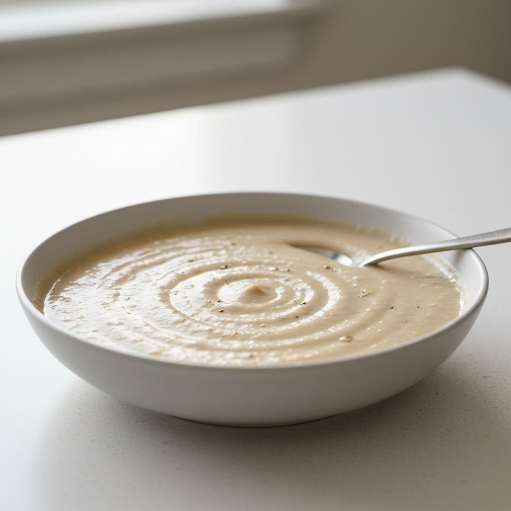 Mashed wet canned cat food with added warm water in a shallow dish