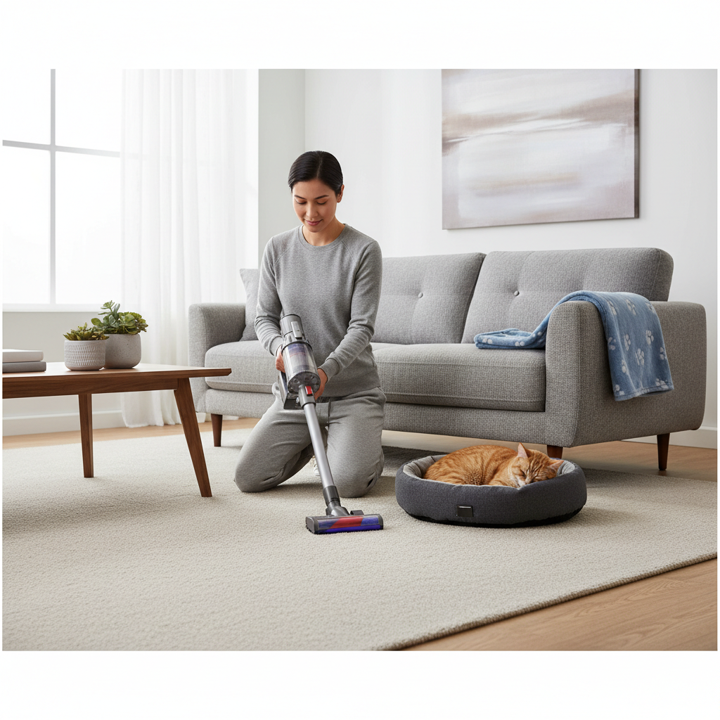 Vacuuming carpet edges and pet bedding as part of flea control plan