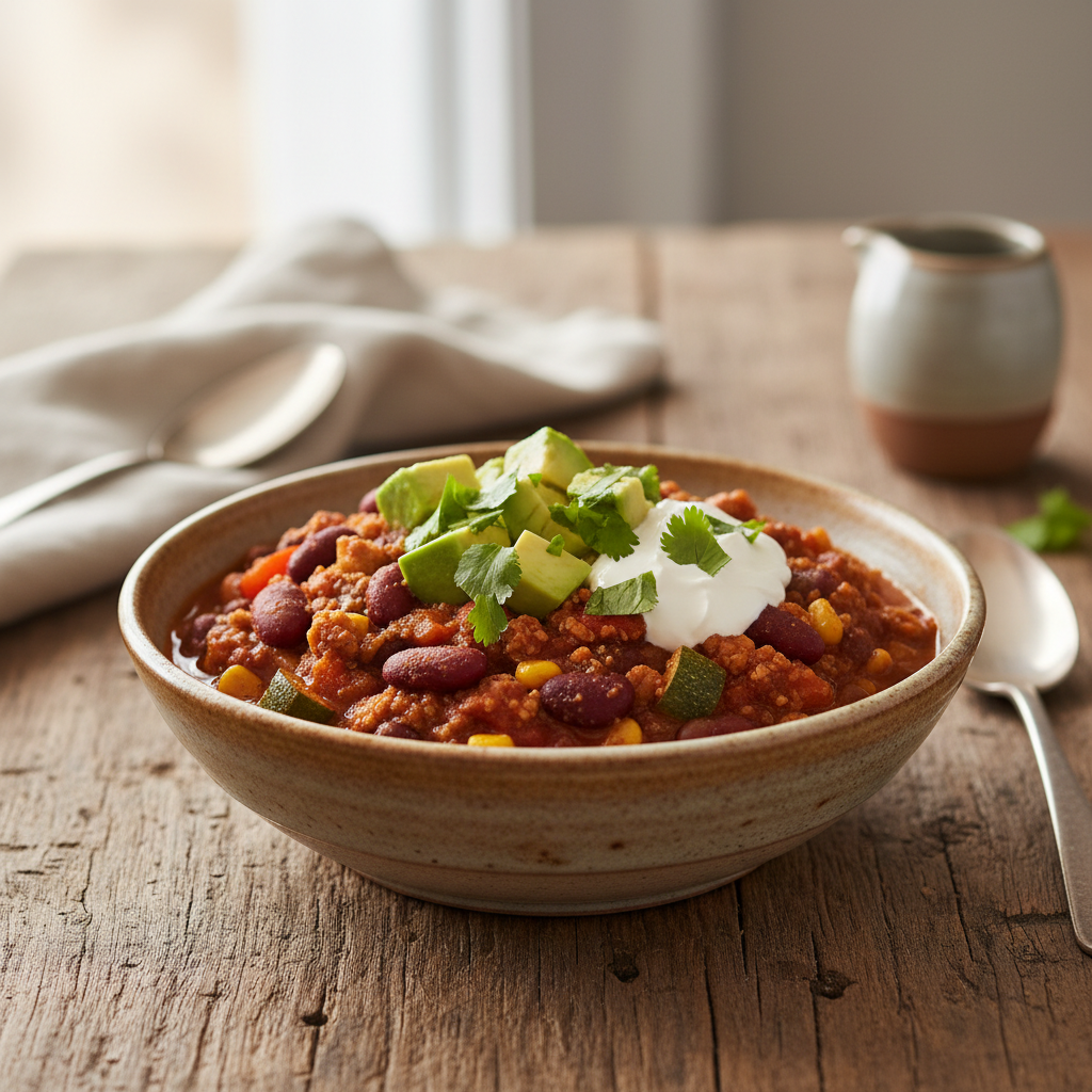 Hearty vegetarian chili in a bowl with toppings