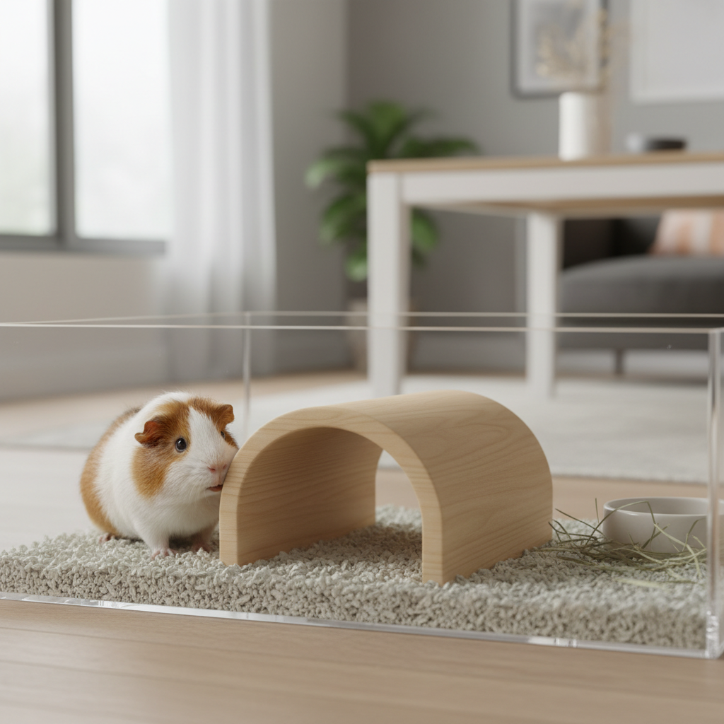 Guinea pig chewing a wooden hideout in a clean indoor habitat