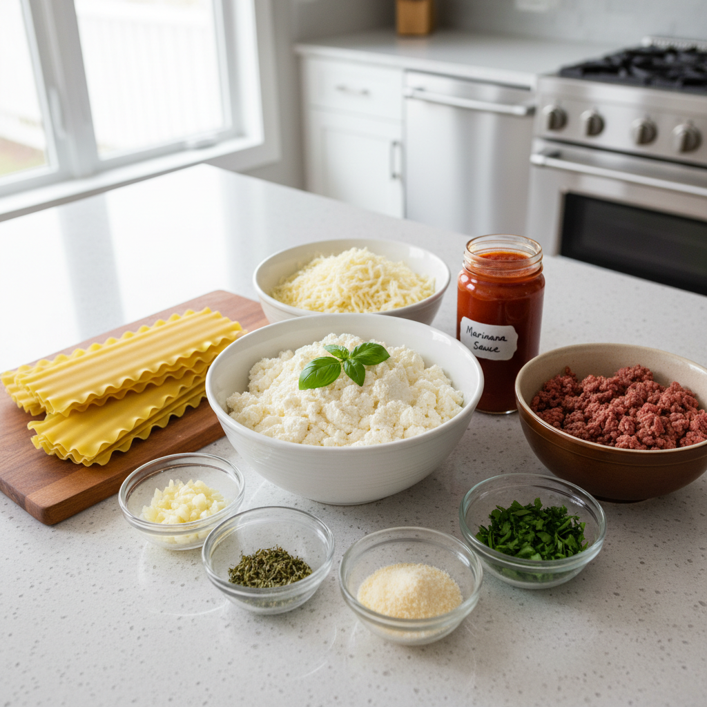 Lasagna ingredients on a kitchen counter: ricotta, mozzarella, noodles, marinara, ground beef