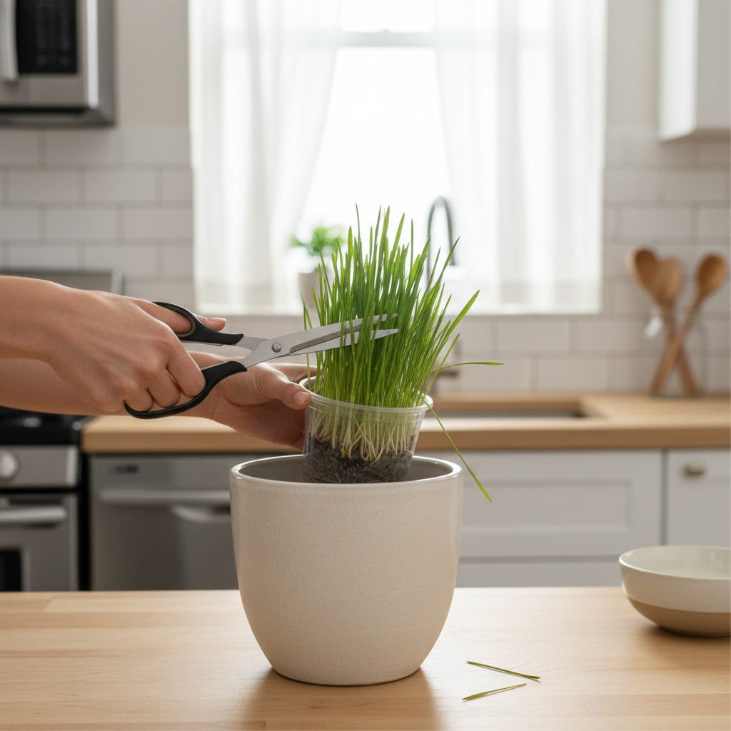 Pet owner trimming cat grass and placing it in a stable heavy planter