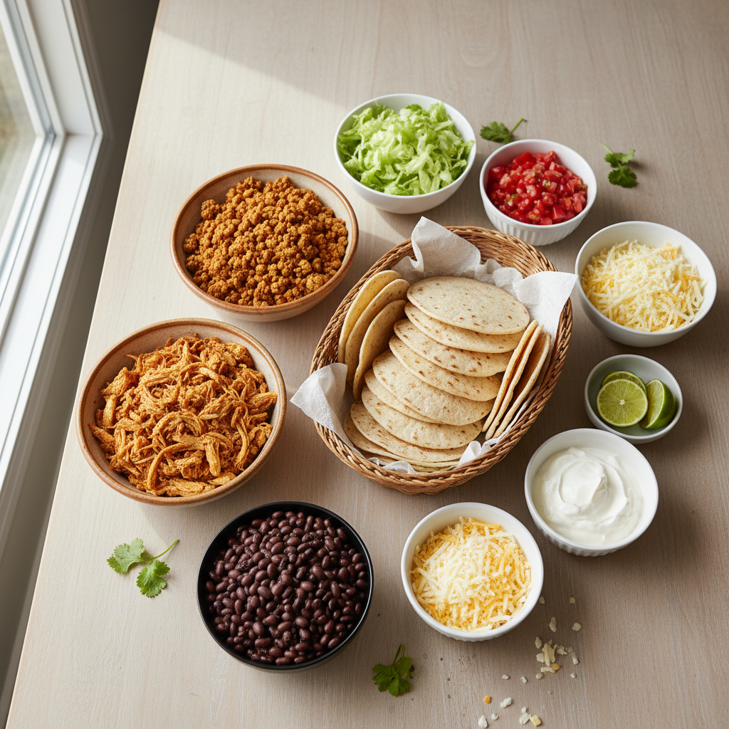 Family-style taco bar with tortillas, classic fillings, and colorful toppings