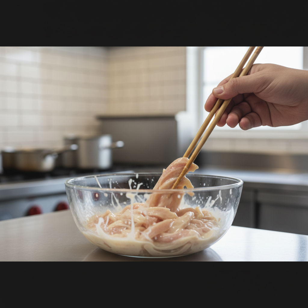 Velveting sliced chicken with cornstarch, egg white, and marinade for Chinese cooking