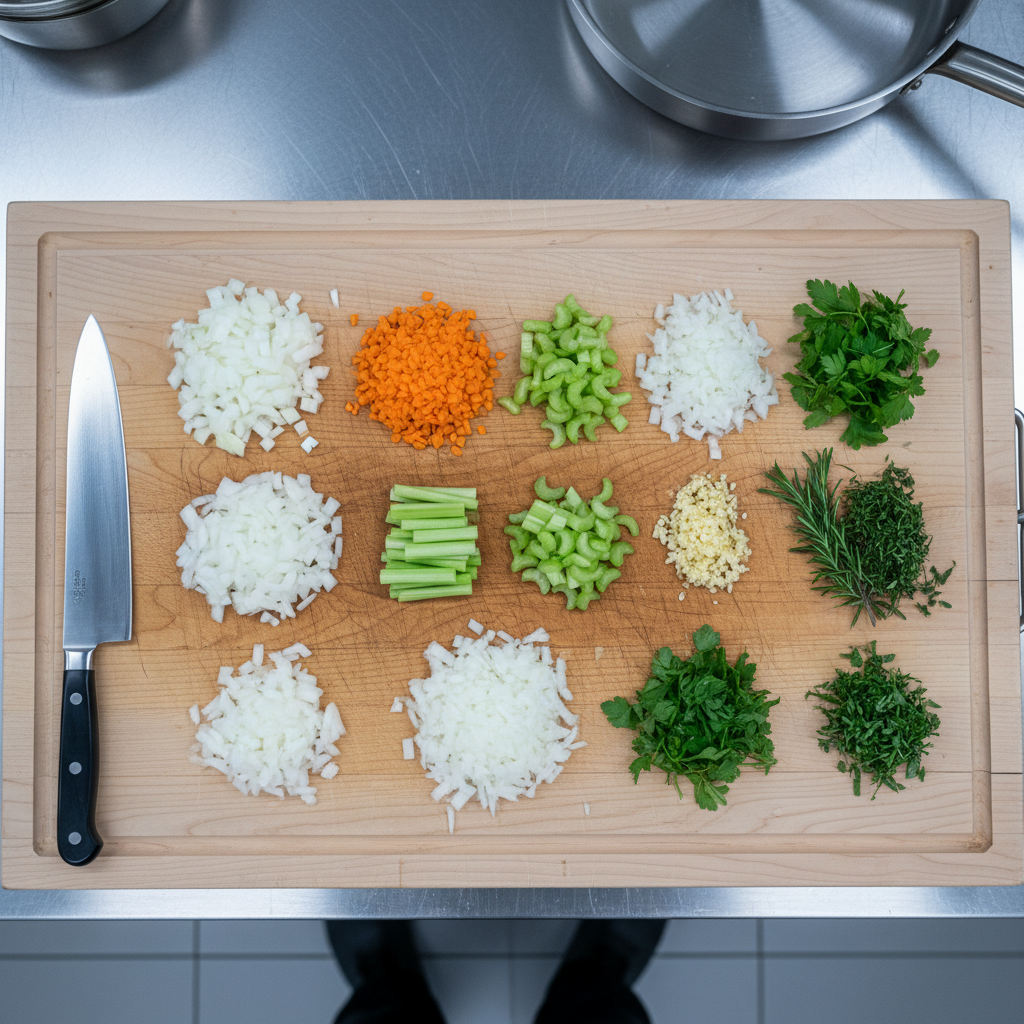 Top-down view of chopped vegetables and aromatics sized evenly for soup maker