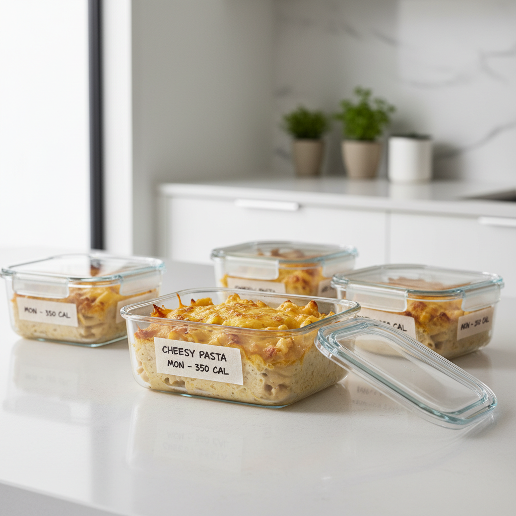 Meal-prep cheesy casserole portions in storage containers ready for reheating