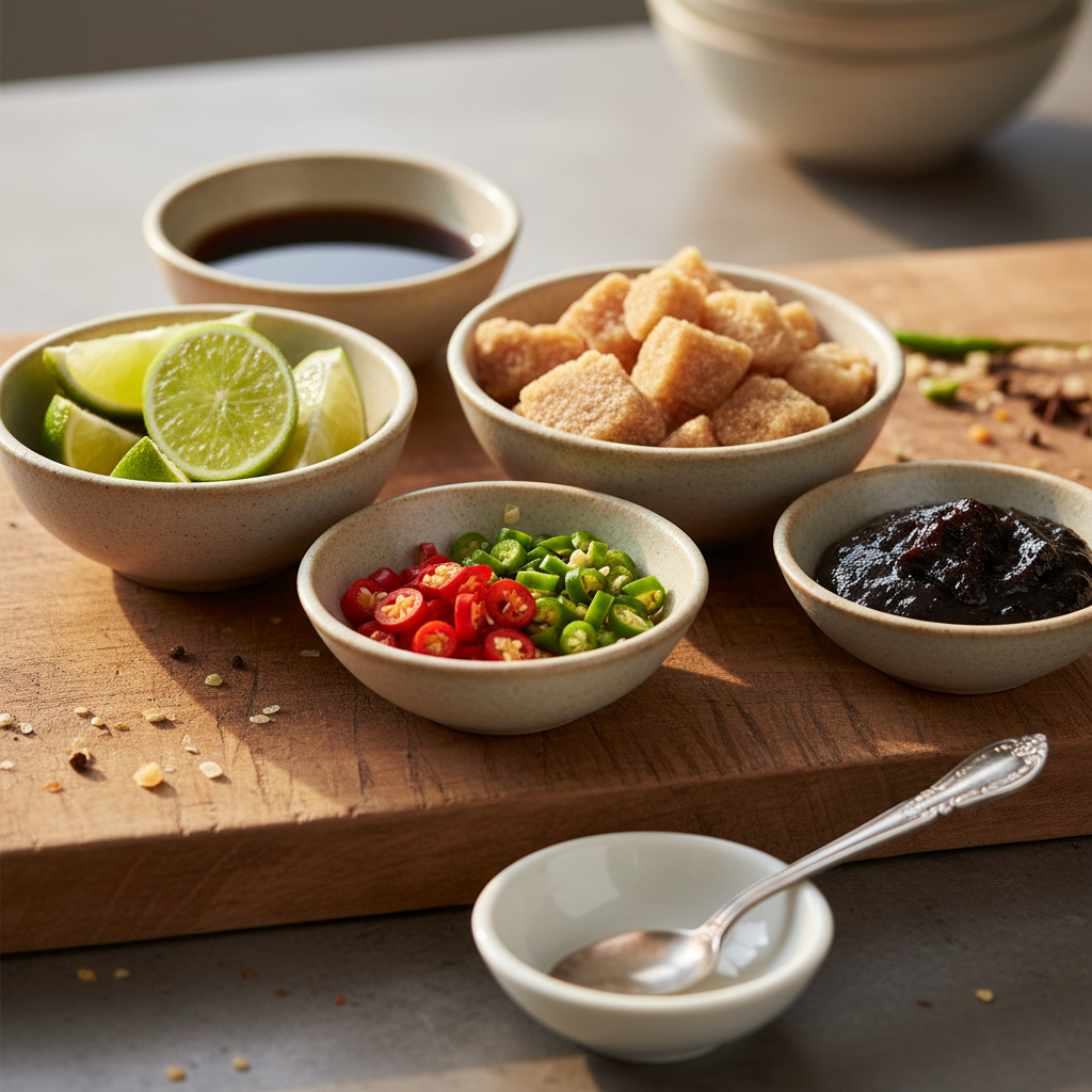 Close-up of Thai food flavor balancing with lime, fish sauce, sugar, and chili