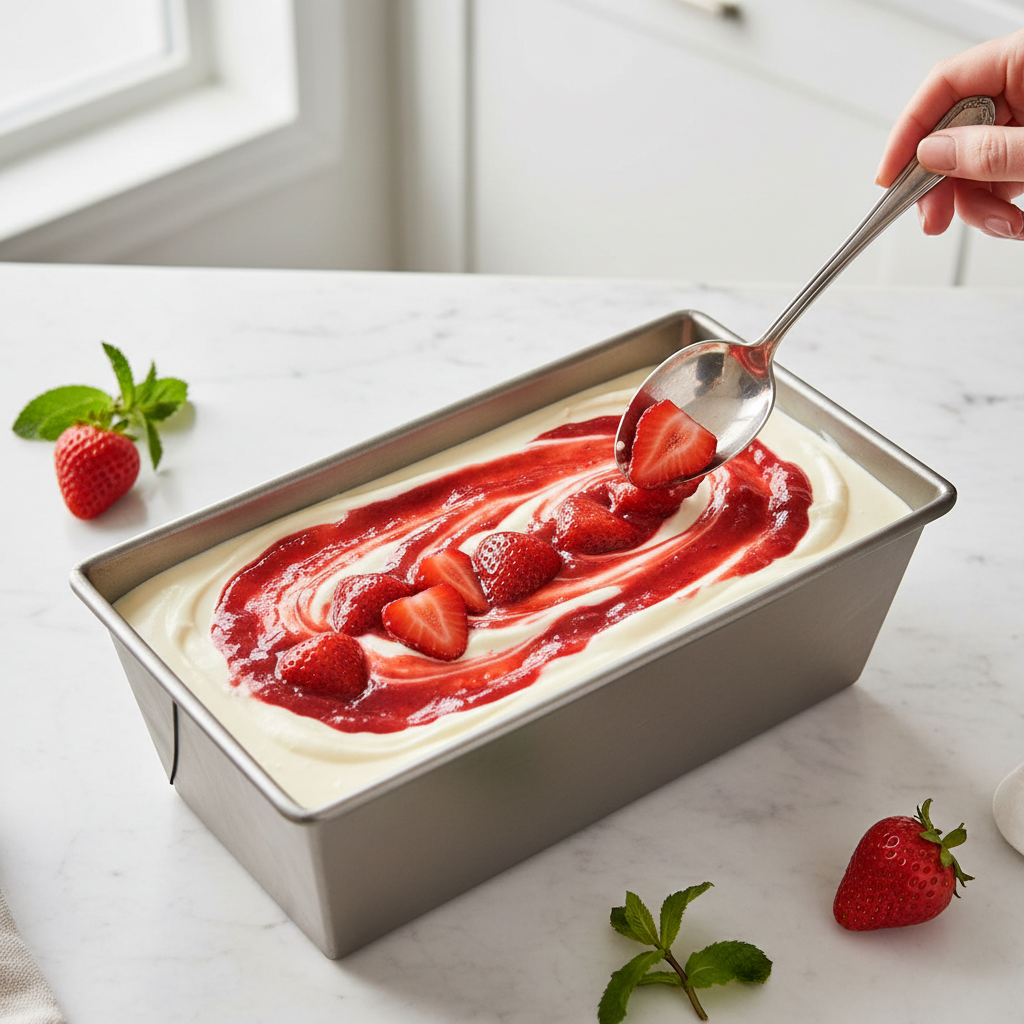 Swirls of strawberry sauce being added to homemade ice cream in a loaf pan
