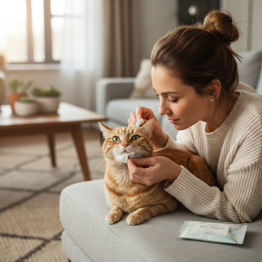 Owner gently wiping a cat’s teeth along the gumline with a dental wipe