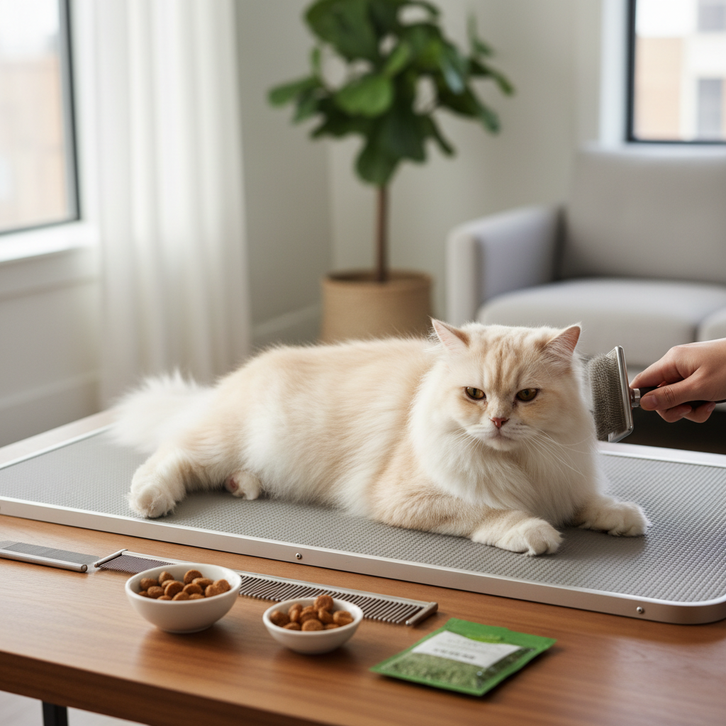Long hair cat being gently brushed on a table with grooming tools nearby
