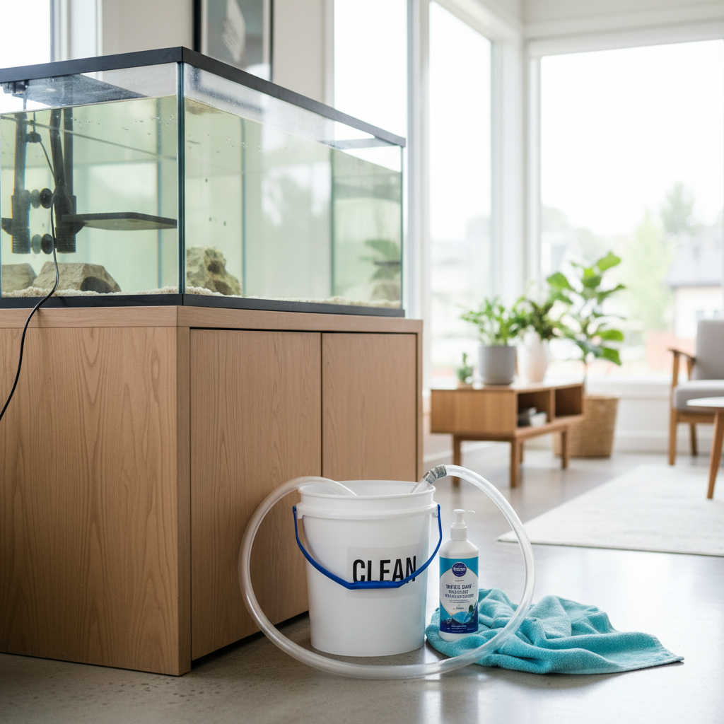 Turtle tank water change setup with bucket, towel, and siphon hose
