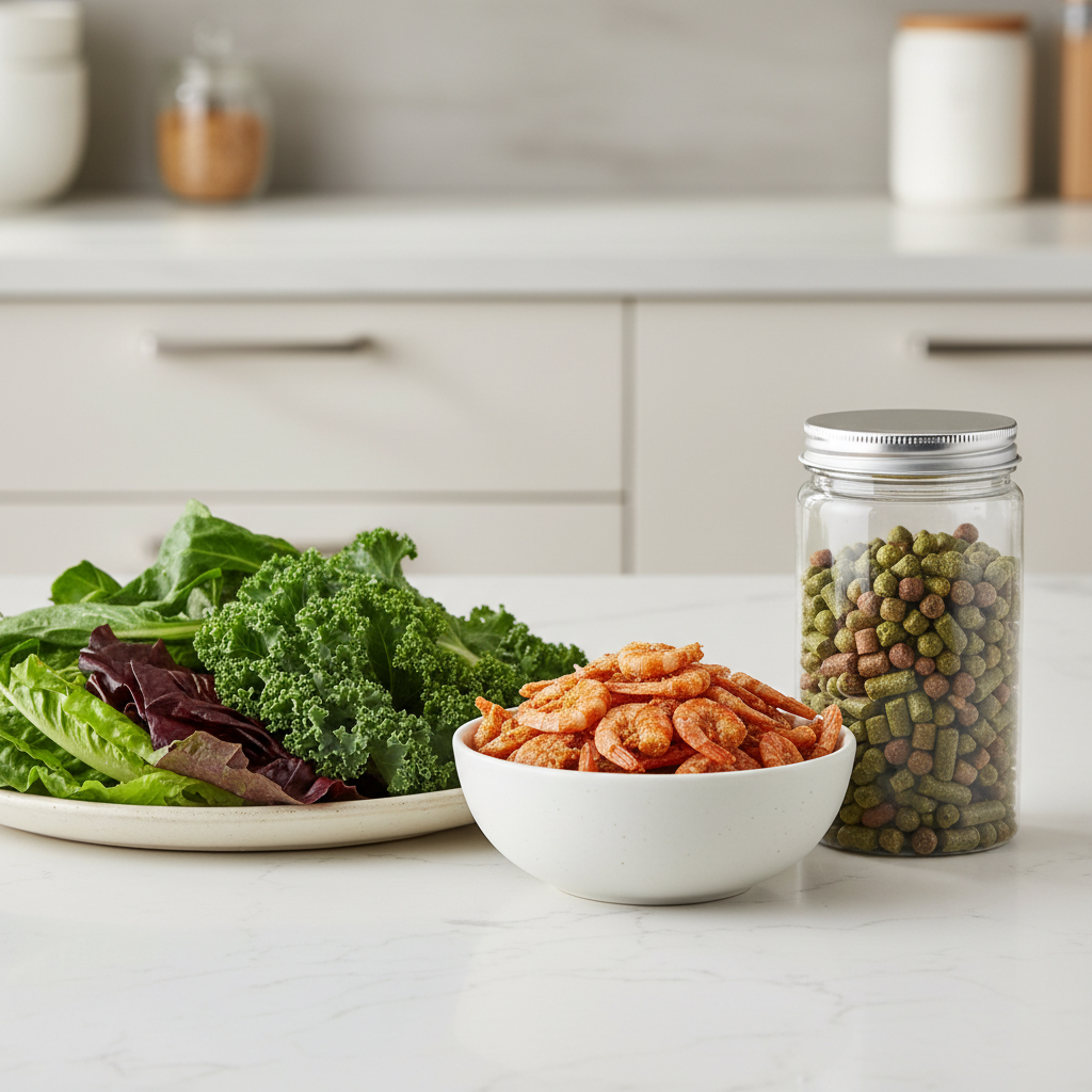 Dried shrimp treat next to turtle pellets and leafy greens for balanced feeding